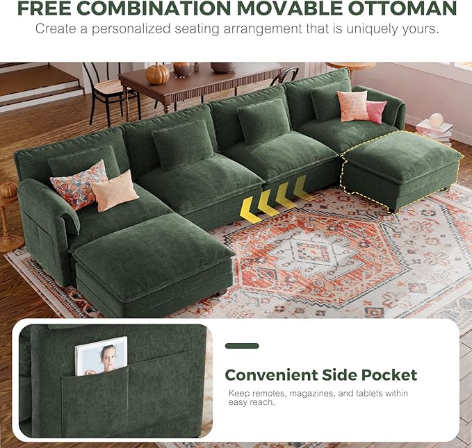 ELUCHANG 116" Luxury Modular Sectional Sofa, Comfy Deep Seat Cloud Couch, Sleeper Sofa Bed, 6 Seat Modern Couch with Removable Cover for Living Room, Apartment, DIY Combination, Chenille Olive Green