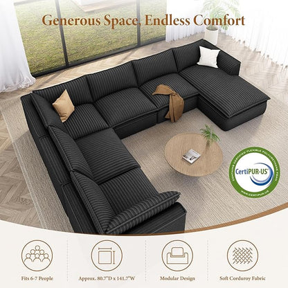 Vesgantti 141.7" Oversized Sectional Boneless Couch, Modern 7 Seater Modular Sofa with Chaise, Deep Seat Convertible Plush Corduroy Cloud Couches for Living Room, No Assembly Required, Dark Gray