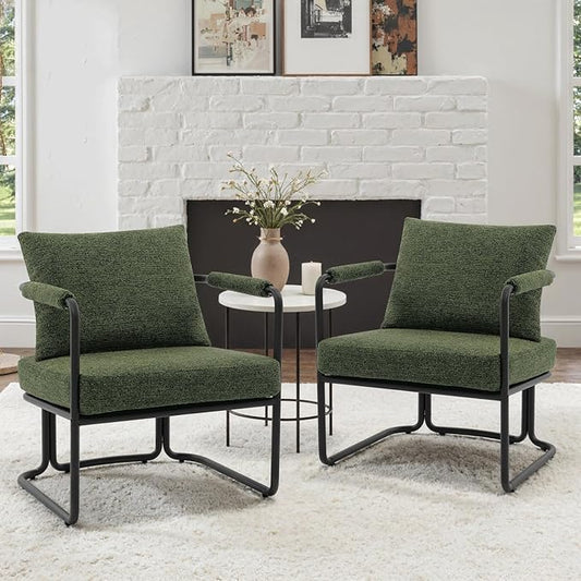 Accent Chairs Set of 2 for Living Room, Mid Century Modern Upholstered Reading Armchairs for Bedroom, Office, with Comfy Chenille Cushion & Metal Frame, Green