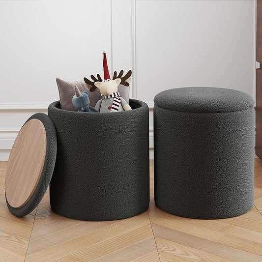 Ottoman Poufs with Storage, Set of 2 Soft Upholstered Vanity Stool,Multifunctional Ottomans Coffee Table Padded Seat Foot Rest for Living（Black, Pack of 2）