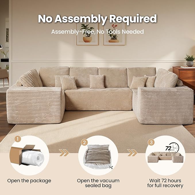 Cloud Sectional Couch with Loveseat, Boneless U-Shaped Cloud Couch with Deep Seat, Soft Plush Modern Minimalist Sofa, Assembly Free Modular Floor Sofa for Office Living Room Apartment, Beige