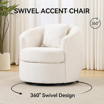 Swivel Accent Chair Set of 2, Modern Upholstered Boucle Barrel Arm Chairs with Pillow for Living Room, 360 Degree Round Swivel Sherpa Armchair with Round Base for Bedroom Club (2, Cream)