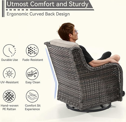 5 Pieces Outdoor Patio Furniture Set - Conversation Set Includes Wicker Swivel Rocker Chairs Set of 2, 2 Ottoman, 3 Seat Sofa, Suitable for Porch, Yard, Mixed Brown Rattan, Beige