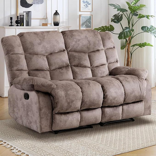 EBELLO Manual Loveseat Recliner for Living Room, Extra Wide Modern Overstuffed 2 Seat Reclining Couch Sofa, Breathable Fabric and Padded Cushion, Light Brown