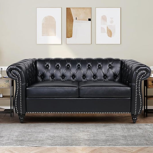 Loveseat Sofa Couch, Modern PU Leather Upholstered Sofa, Oversized Comfy 2 Seater Love Seat Couch with Cushions, Mid Century Tufted Chesterfield Sofa for Living Room, Bedroom, Apartment (Black)