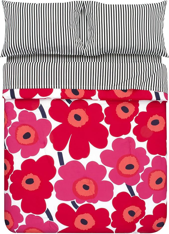 Marimekko - Queen Comforter Set, Cotton Bedding with Matching Shams, Lightweight Home Decor for All Seasons (Unikko Red, Queen)