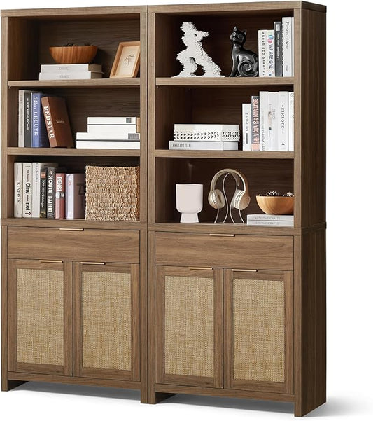 Hampstead Bookcase, Rattan Bookcase with Doors Cabinet and Drawer, 5-Tier Bookshelf, Large Wooden Book Case, Tall Bookshelves for Library Living Room (Special Walnut, 2 Pieces)
