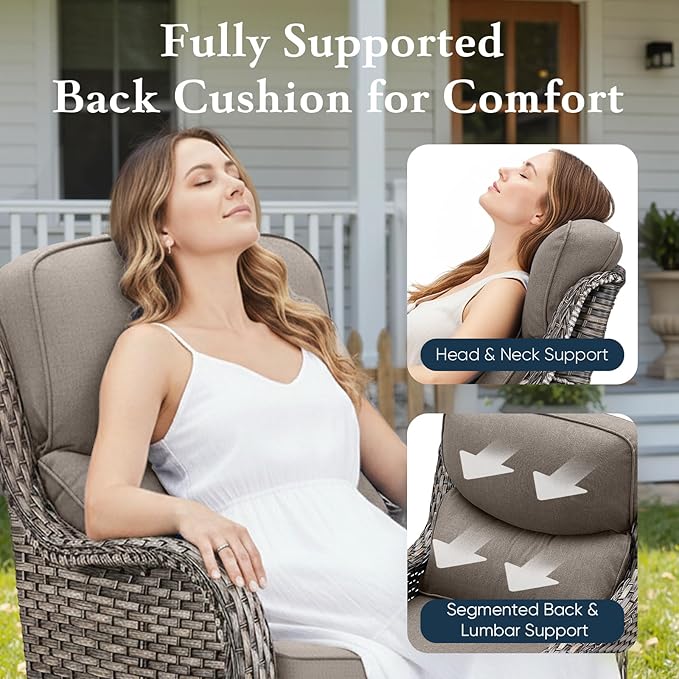 Belord Luxury 6" Thick Cushioned Outdoor Swivel Rocker Patio Chairs of 2, High Back Wicker Patio Furniture Set with Ergonomic Zone Back, Conversation Glider Set for Deck Porch - Grey+Grey