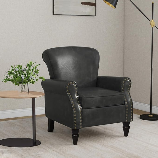Accent Chair, Mid Century Modern Faux Leather Arm Chair with Wood Leg for Living Room, Bedroom, Comfy PU Leather Club Reading Chairs with Wingback & Nailhead Trim (Leather Black Grey, Set of 1)