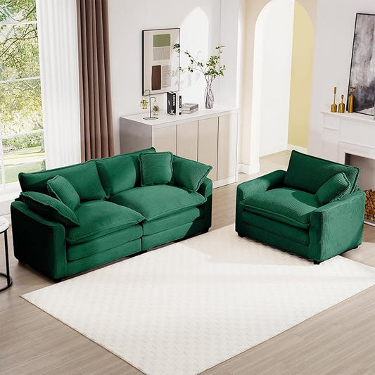 mikibama Luxury 2 Piece Sofa Set, Loveseat Couch & Sofa Armchair Set, Modern Corduroy Comfy Cloud Couches Set for Living Room Office with 2 Armrest Pillows and 3 Toss Pillows, Green