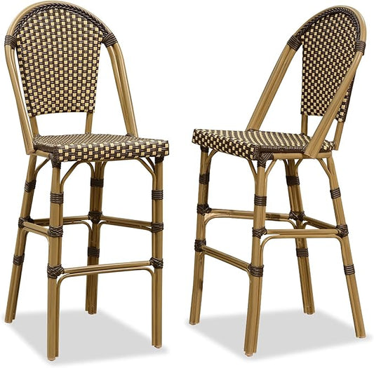 PURPLE LEAF French Bar Stool Set of 2 Bamboo Print Finish Patio Bar Stools with Back Rattan Chairs Wicker Bar Height Stool 30" with Footrest Kitchen Island Stools Outdoor Barstool Brown