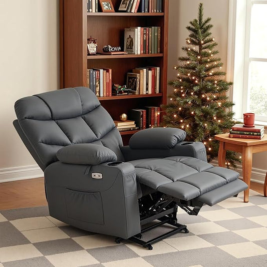 MCombo Power Lift Recliner Chair with Extended Footrest for Elderly People, Faux Leather 7287 (Dark Grey, Medium)