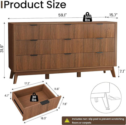 SUNWAVE Fluted 9 Drawer Dresser for Bedroom, 59.1" Wide Modern Large Dresser with Round Corner, Wood Drawer TV Stand for Living Room