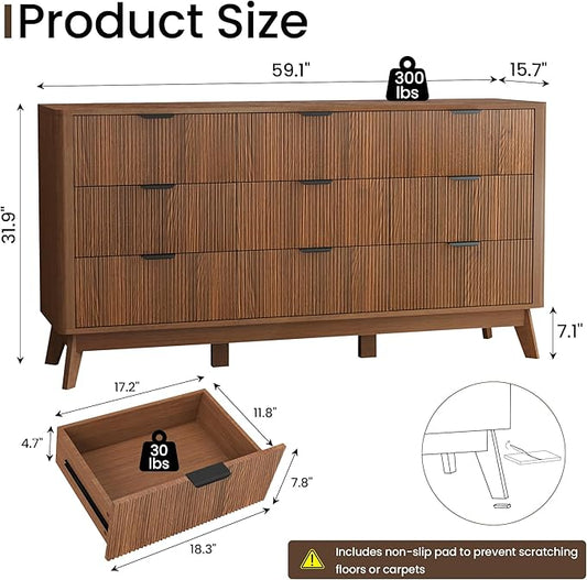 SUNWAVE Fluted 9 Drawer Dresser for Bedroom, 59.1" Wide Modern Large Dresser with Round Corner, Wood Drawer TV Stand for Living Room