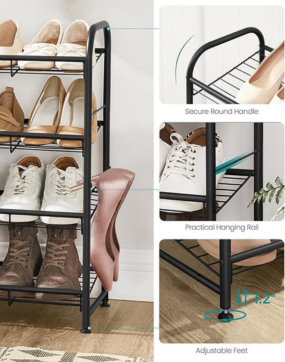SONGMICS Stackable Shoe Rack, 4 Tier Metal Shoes Rack Storage Shelf, Holds up to 20 Pairs Shoes, Adjustable Slanted Shelves Shoe Tower Organizer for Closet Entryway Small Spaces, Black