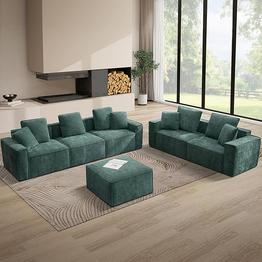 WILLOVE Modular Sectional Sofa Set, Chenille Cloud Couch with Wide Armrests & 8 Pillows, Deep Seat Couches for Living Room, 6-Seater Green