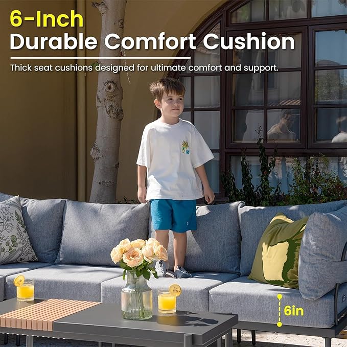 Sundale Outdoor 3 Pieces Patio Furniture Set, Metal Outdoor Sectional Sofa with 6 Inch Olefin Cushion and Coffee Table, All-Weather Modern Outdoor Conversation Sets (Grey Frame)