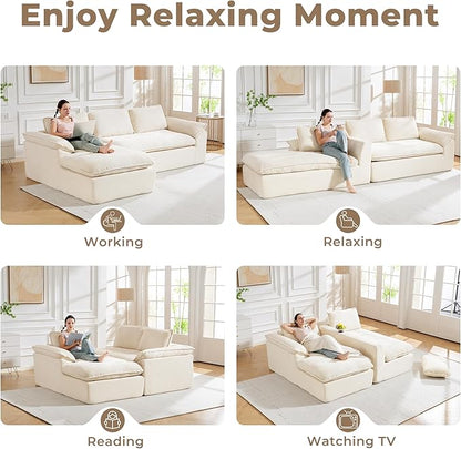 Modular Sectional Sofa, 107.5" L-Shaped Boneless Couch with Deep Seat, Modern Minimalist Upholstered Cloud Sectional Couch for Living Room Bedroom, No Assembly Required, Beige Corduroy