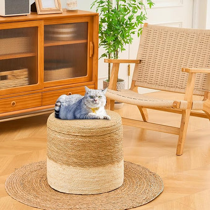 Wimarsbon 18'' Ottoman Pouf, Natural Braided Poof, Rustic Handweave Lounge Pouffe, Boho Footrest Stool for Bedroom, Accent Table for Living Room (Stoage - 18inch Cattail+Beige Corn Husk L)
