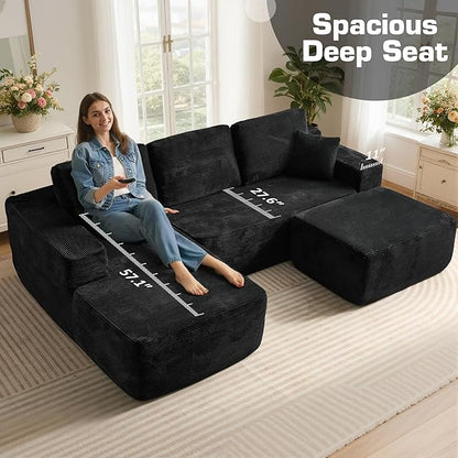 106" Cloud Sectional Couch with L-Shape Chaise & Ottoman, No Assembly Modular Sofa, Deep Seat Corduroy Boneless Couched for Living Room (Black Stripe Corduroy, Left Facing Chaise with Ottoman)