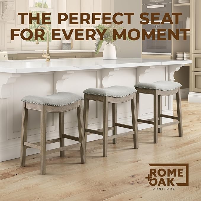 ROME + OAK Set of 2 Parker 26" Counter Stool, Backless Saddle Kitchen Barstool in Reclaimed Oak Finish with Ash Grey Fabric Upholstery Cushion Seat