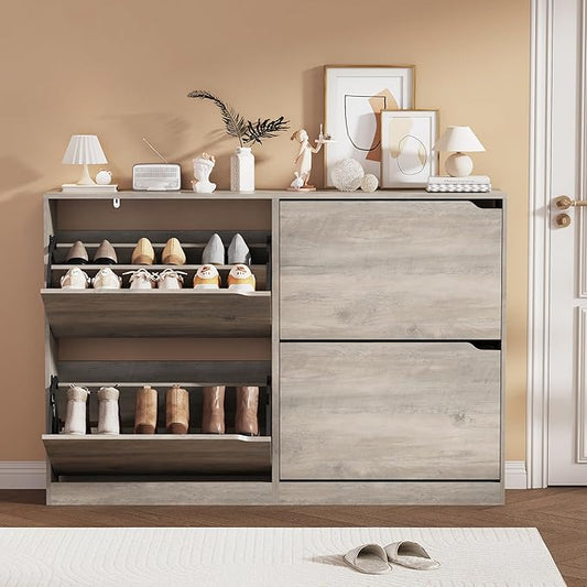 Shoe Storage Cabinet, Wood Shoe Organizer for Entryway with 4 Flip Drawers, Freestanding Shoe Rack with Adjustable Shelf, Narrow Shoe Dresser for Front Door Entrance(Grey, 47.24" x 32.28" x 9.44")