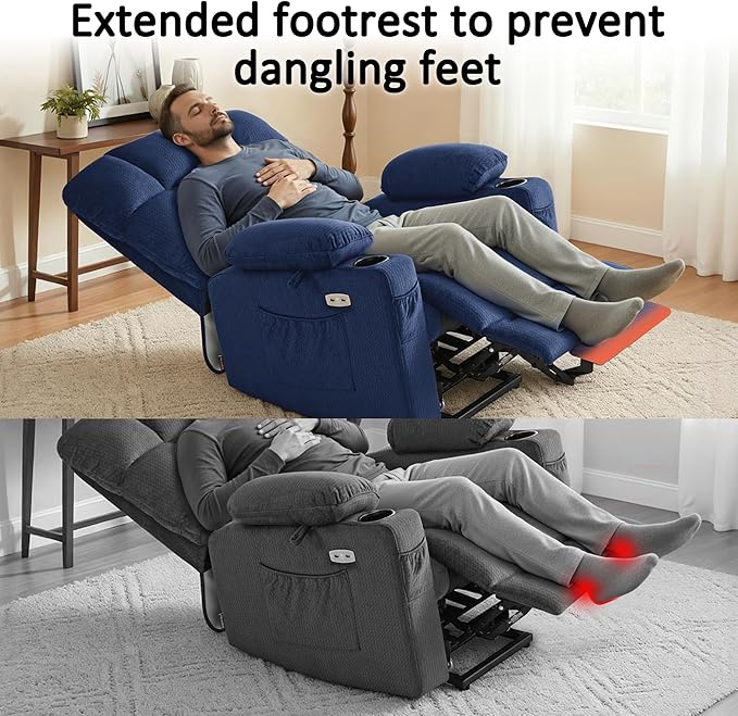 MCombo Large Dual Motor Power Lift Recliner Chair for Elderly, Massage and Heat, Lay Flat, Zero Gravity, Home Button, USB Port, Fabric 7680 (Large, Navy Blue)