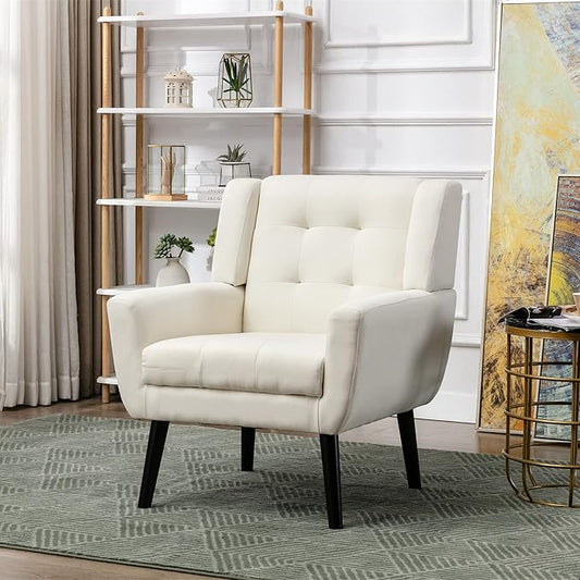 Dolonm Midcentury Modern Accent Chair with Arms, Upholstered Fabric Reading Side Chair Tufted Back Decorative Wingback Chair for Living Room Bedroom (Beige)