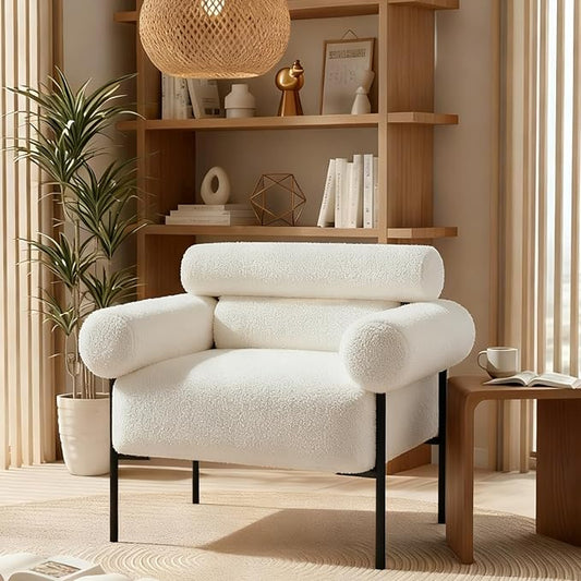 Modern Accent Chair, Boucle Sofa Accent Chair for Living Room, Upholstered Sherpa Mid-Century Modern Armchair, Oversized Reading Chair with Channel Tufted for Bedroom, Office, White