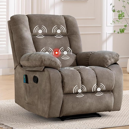 ANJHOME Massage Recliner Chairs with Heat and Vibration,Overstuffed Manual Rocking Reclining Chair for Living Room Bedroom (Brown)
