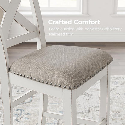 Signature Design by Ashley Robbinsdale Farmhouse Upholstered Barstool, Set of 2, X-Back, Nailhead Trim, Wood, 24.75" H, White & Light Gray