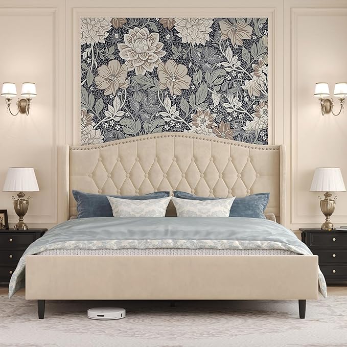 Belffin Queen Bed Frame with Headboard, Luxury Upholstered Velvet Platform Bed with Wingback, Button Tufted & Nailhead Trim, Anti-Slide Tall Footboard, No Box Spring Needed, Noise-Free, Beige