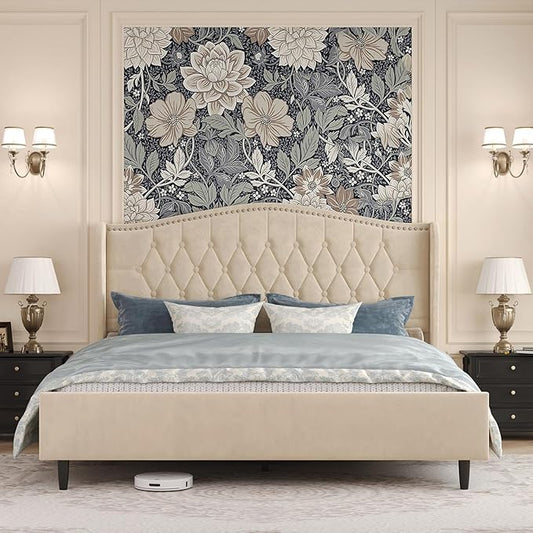 Belffin Queen Bed Frame with Headboard, Luxury Upholstered Velvet Platform Bed with Wingback, Button Tufted & Nailhead Trim, Anti-Slide Tall Footboard, No Box Spring Needed, Noise-Free, Beige
