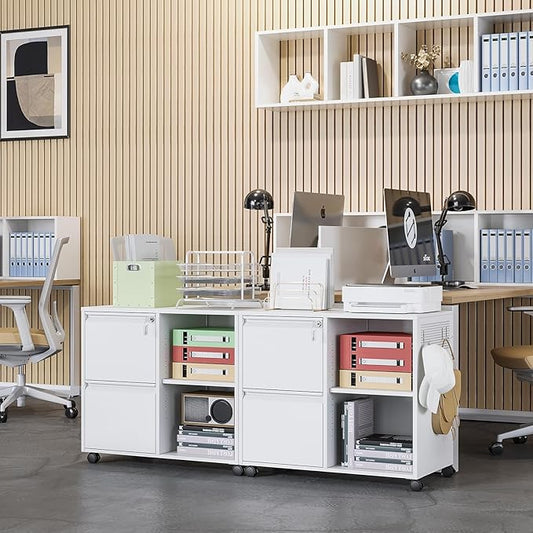 Lateral 2 Drawer Filing Cabinet with Lock, Mobile File Cabinet on Wheels, Printer Stand with Storage for Legal/Letter/A4 File Folders(White)