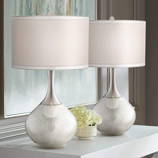 Possini Euro Design Swift Mid Century Modern Table Lamps 30.5" Tall Set of 2 Mercury Glass Chrome Double Sheer Drum Shade Decor Living Room Bedroom House Bedside Nightstand Home Office Entryway
