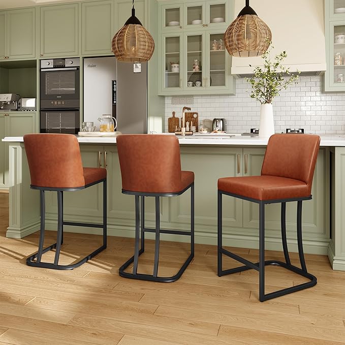 MAISON ARTS Counter Height Bar Stools with Back for Kitchen Counter, 24 Inch Modern Upholstered Faux Leather Barstools Farmhouse Bar Chairs Luxury Island Stools Support 330LBS, Brown
