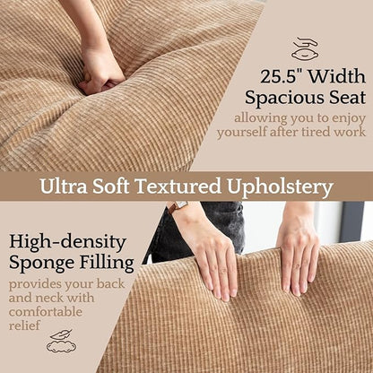 LukeAlon Modern Chenille Accent Armchair, Upholstered Lounge Chair with Brass Metal Frame Thickened Cushion Single Sofa Chair Comfy Leisure Side Chair with Armrest for Bedroom Living Room, Khaki
