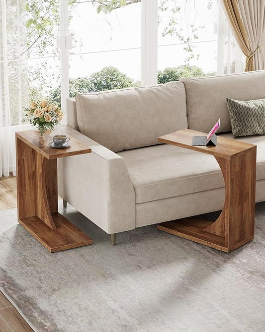 Tribesigns C-Shaped End Table for Couch, Sofa Side Table, C Table for Small Space, Living Room, Bedroom (2, Walnut Brown)