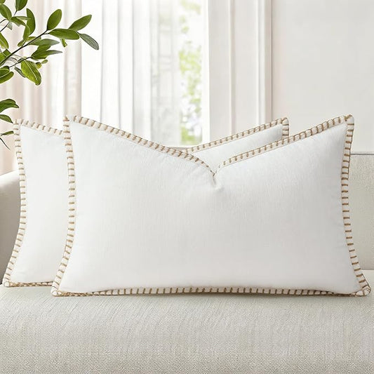 decorUhome Chenille Soft Throw Pillow Covers 12x20 Set of 2, Lumbar Velvet Farmhouse Neutral Decorative Euro Pillow Covers with Stitched Edge for Couch Sofa Bed Home Decor, Cream White