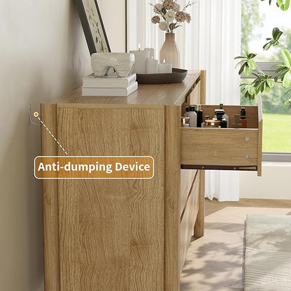 Dresser for Bedroom with 6 Drawers,47" Wide Oak Dresser with 4 Solid Wood Legs, Wooden TV Stand,Closet Clothes Organizer for Bedroom, Hallway