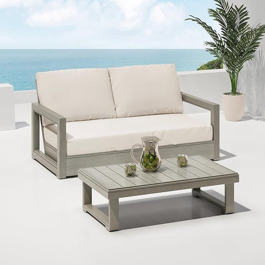 Christopher Knight Home Rammus 2 Pieces Outdoor Conversation Set, Acacia Wood Chat Set, Rectangular Coffee Table and Patio Loveseat Sofa, Slat Design Patio Furniture Set for Garden, Beige + Light Grey