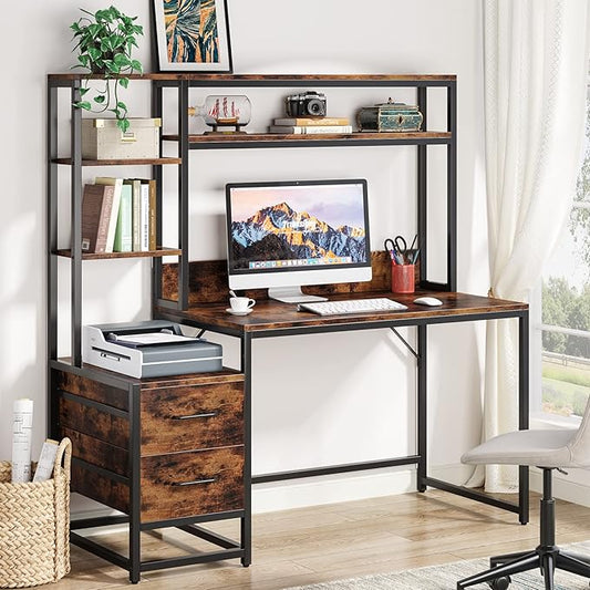 Tribesigns 55 Inch Computer Desk with 2 Drawers and Storage Shelves, Rustic Office Desk with Hutch, Study Writing Gaming Table Laptop Workstation for Home Office (Brown)