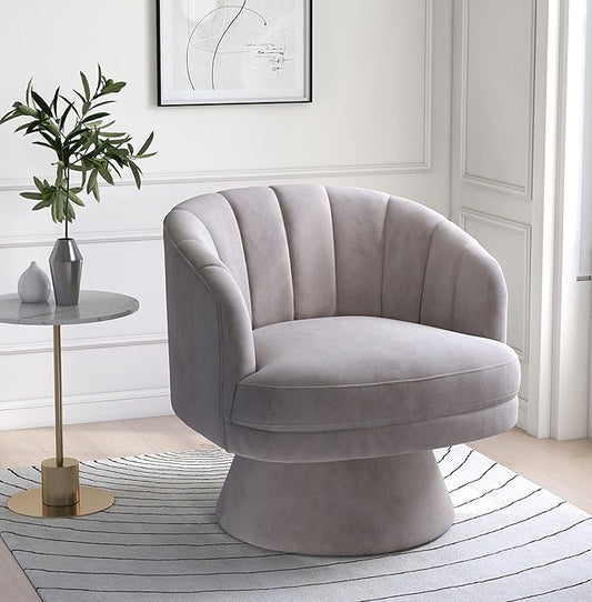 Swivel Accent Chair,Upholstered Velvet 360° Swivel Barrel Chair for Living Room Overstuffed Bouncle Reading Chair Round Armchair for Bedroom,Vanity,Office (Grey)