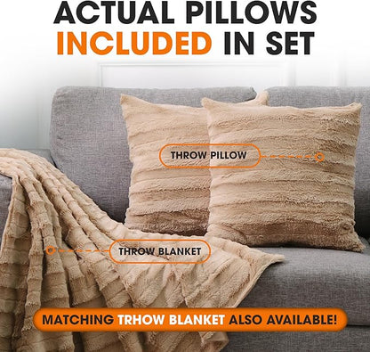 Cheer Collection Faux Fur Throw Pillows - Decorative Pillows for Couch, Bed Throw Pillows, Sand Accent Pillows for Bedroom or Living Room Aesthetic, Set of 2 Furry Throw Pillows, 26" x 26"