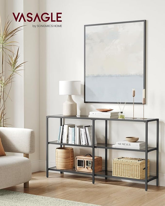 VASAGLE 51.2 Inch Console Table with 3 Shelves, Sofa Tables, Modern Entryway Table, Metal Frame, Tempered Glass Shelf, Entryway Living Room Bedroom, Classic Black and Slate Gray ULGT024B61