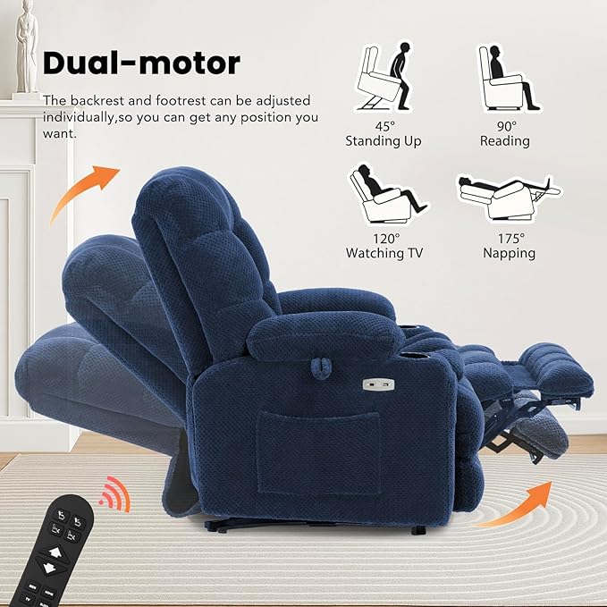 EONIX Wide Lay Flat Power Lift Recliner Chair for Elderly, Dual Motor Oversized Lift Chair with Heat and Massage and Cup Holders, 400lbs Heavy Duty Lift Recliner Sofa, Navy Blue