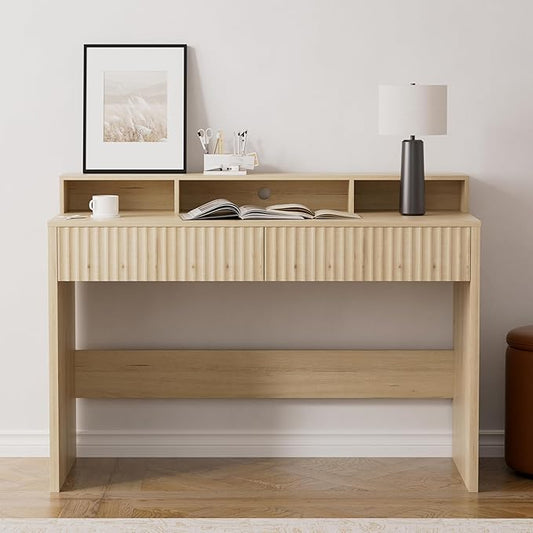 47" Executive Desk with Fluted Drawer, Modern Home Office Desk with Long Monitor Stand and 2 Drawers, Computer Writing Desk for Study Office Vanity, Light Oak