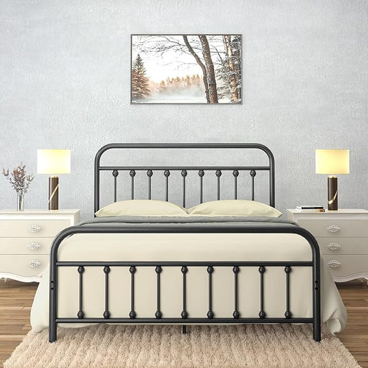 Golden Gate Beds Vintage Style King Size Metal Bed Frame with Wrought Iron Headboard and Footboard – Classic Platform Bed with 11" Storage Space, No Box Spring Required, Black Finish