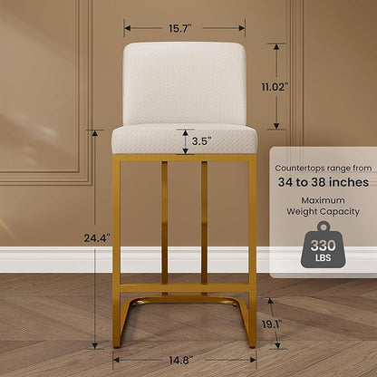 PHI VILLA White and Gold Bar Stools Set of 2, Faux Leather Counter Height Chairs, Kitchen Stools for Island, 24 Inch Barstools with Back