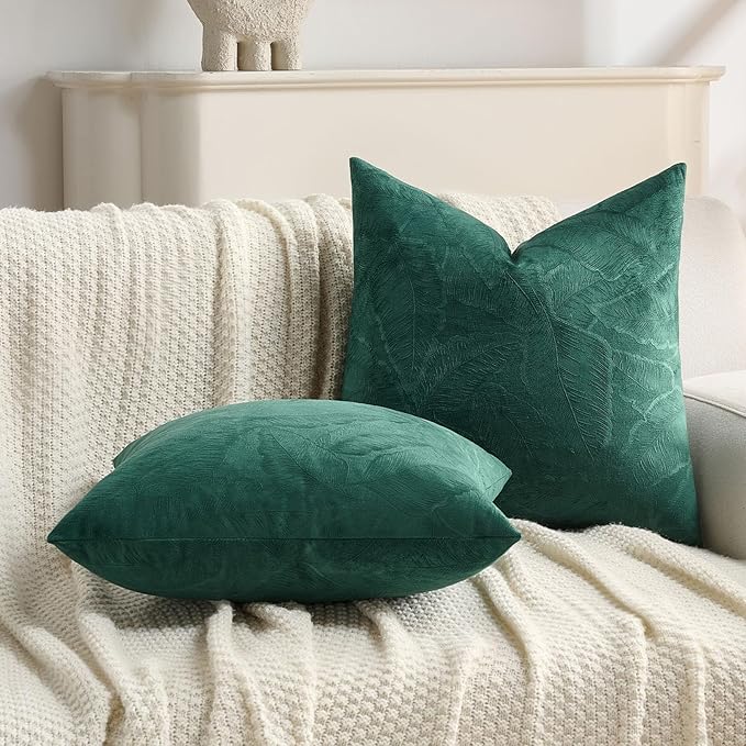 FUTEI Christmas Dark Green Velvet Throw Pillow Covers 12x20 Inch Set of 2,Soft Embossed Leaf-Relief Textured Lumbar Pillow Cases,Natural Home Decor for Couch Living Room